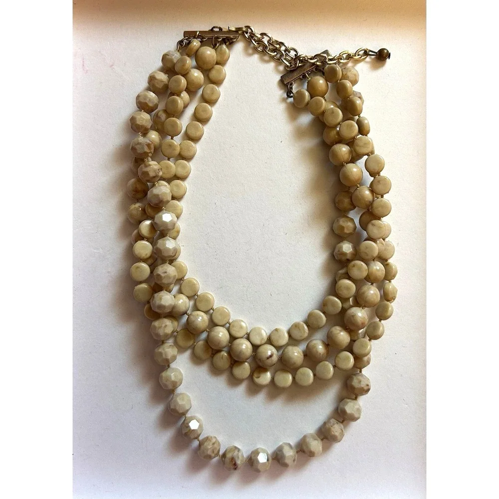 Multi-Strand Beige Round Stone Beaded Cable Chain Necklace Lobster Clasp